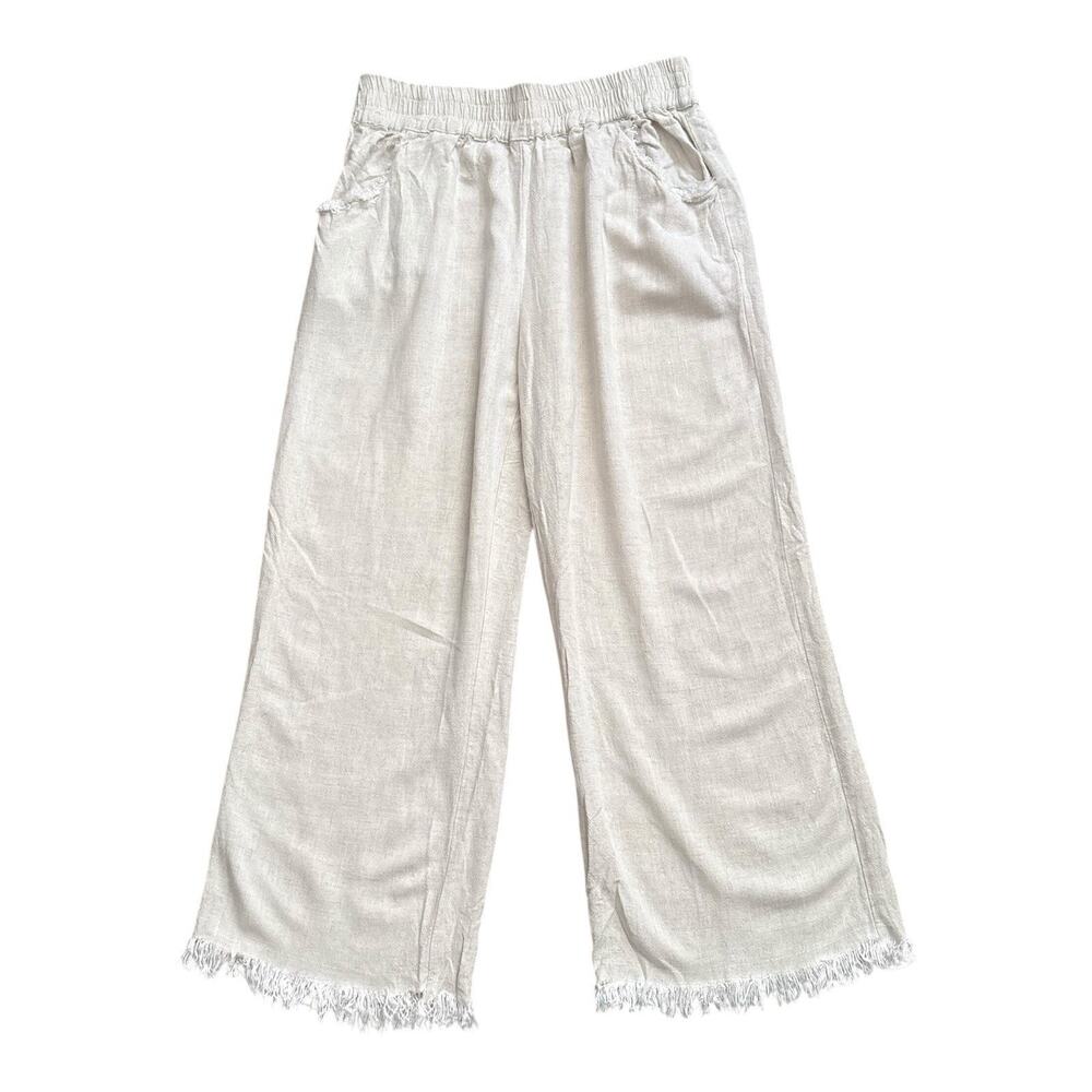 Umgee Womens Linen Blend Beige Wide Leg Pants Size Small Fringe Hem Pull On Boho